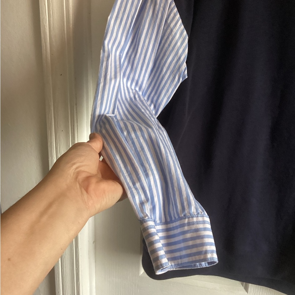 Talbots XL Navy Sweatshirt with Blue-White Striped Shirt Sleeves - Picture 2 of 6